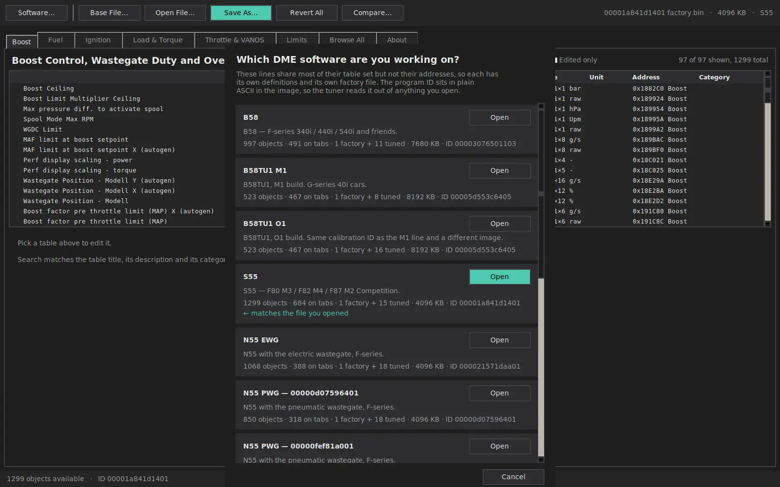 Software version picker listing the supported calibrations with object and file counts