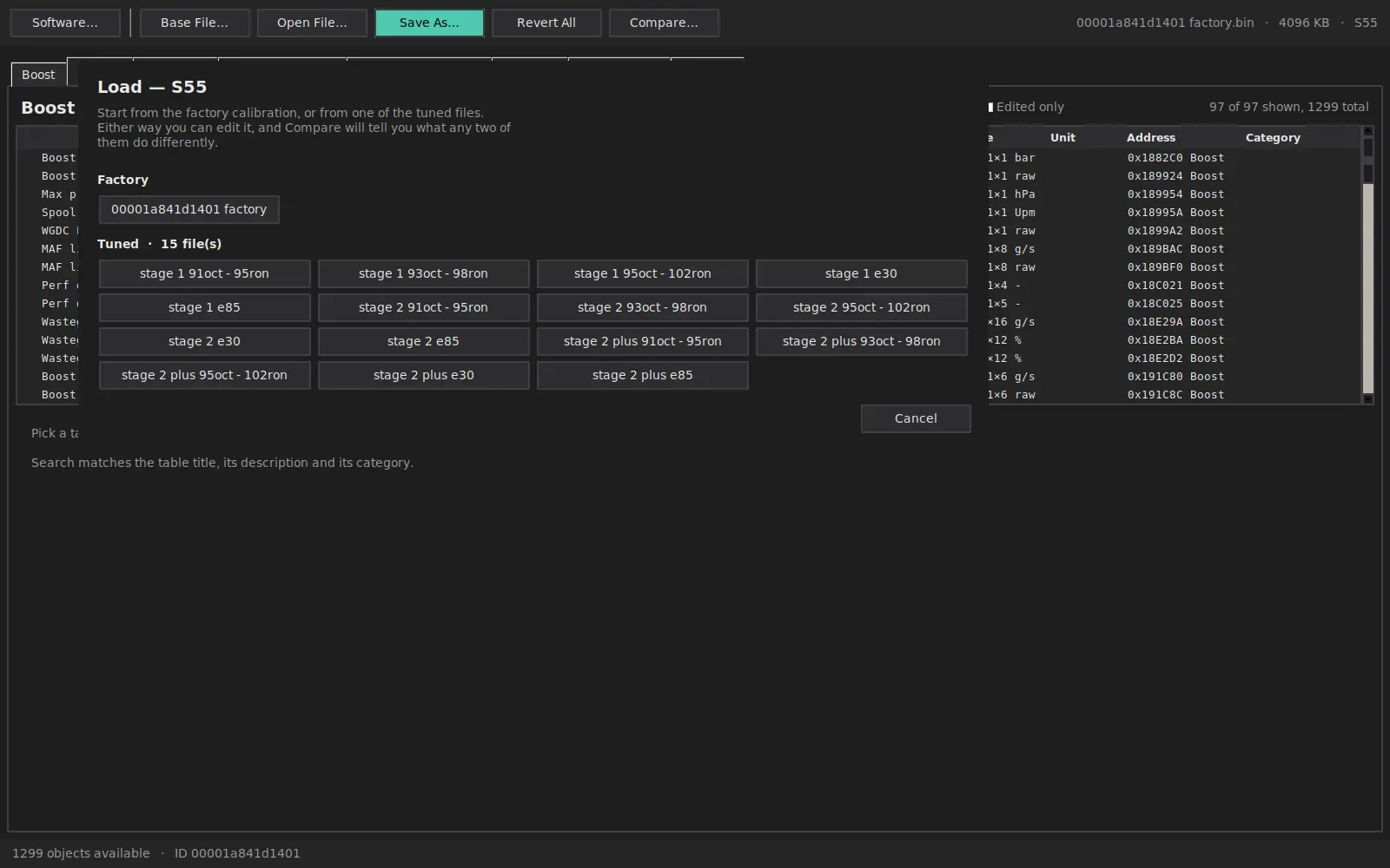 File picker showing the factory calibration and the tuned files