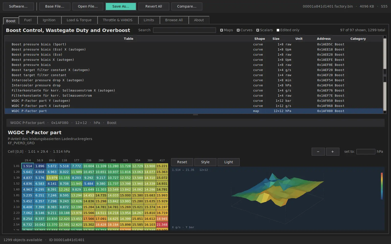 Wastegate duty map open in the editor with a 3D surface beside the grid