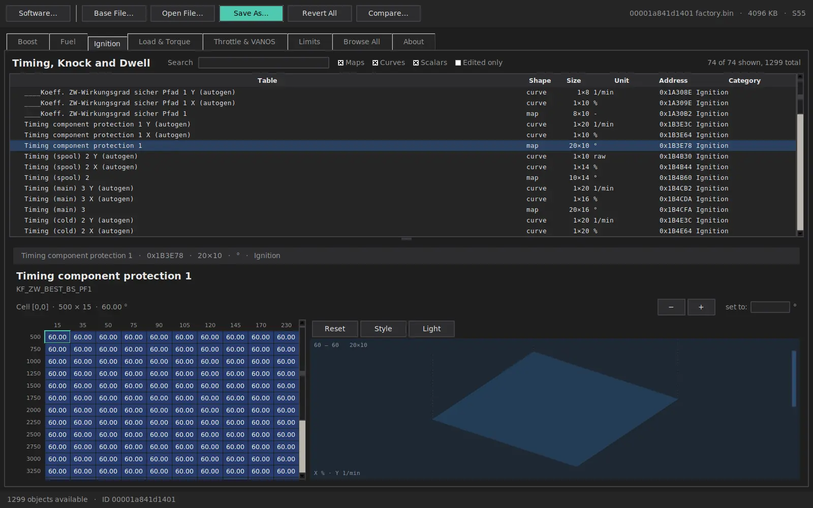 Ignition timing map open in the editor