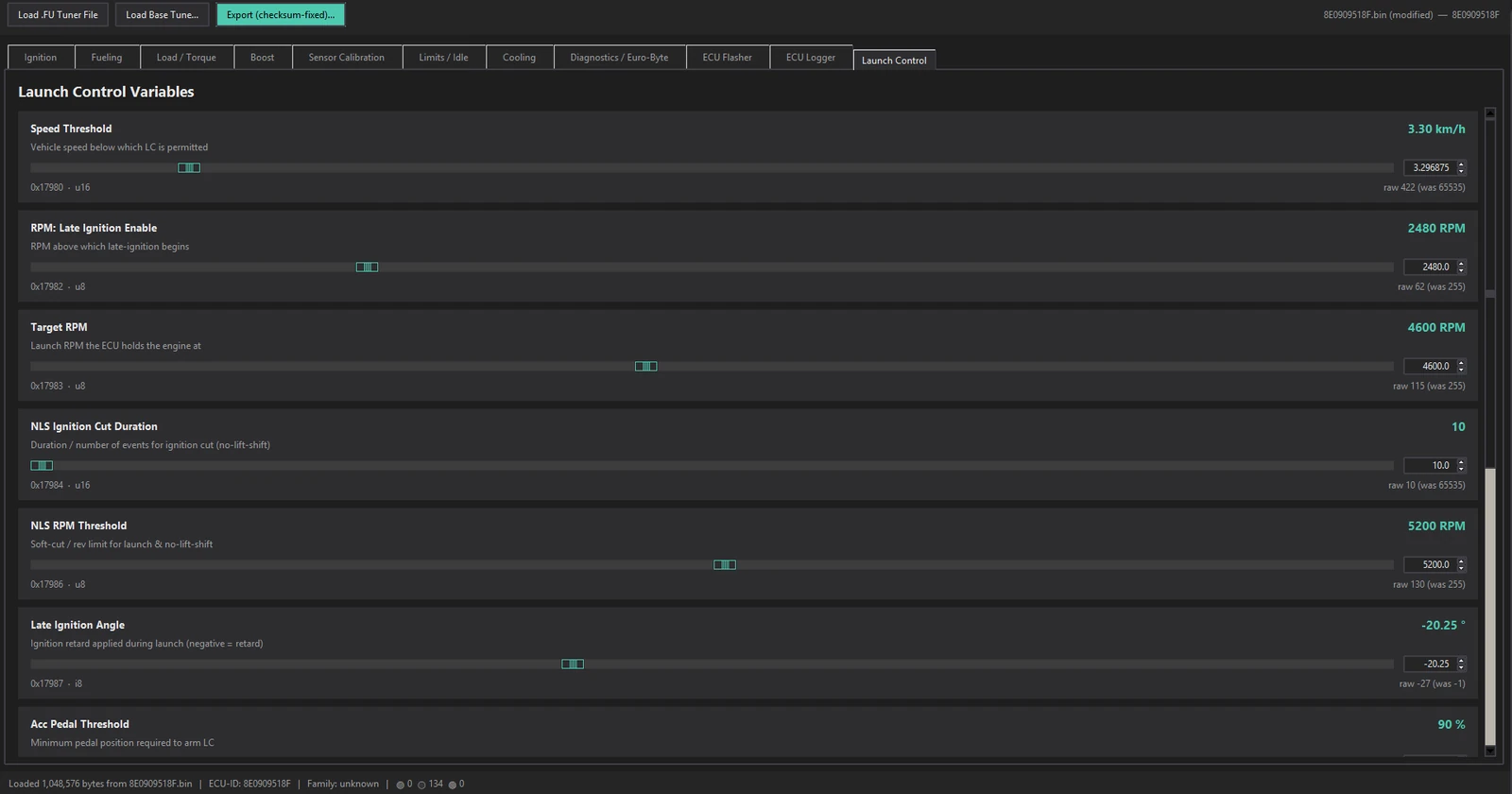 The Launch Control Variables screen showing sliders for speed threshold, late ignition RPM, target RPM, ignition cut duration, NLS RPM threshold and late ignition angle.