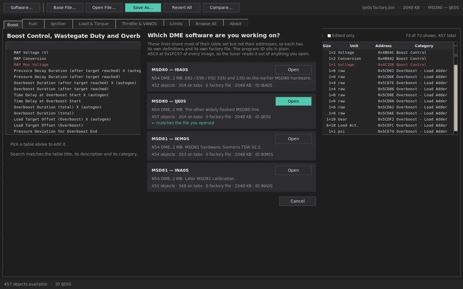 Software version picker listing the supported calibrations with object and file counts