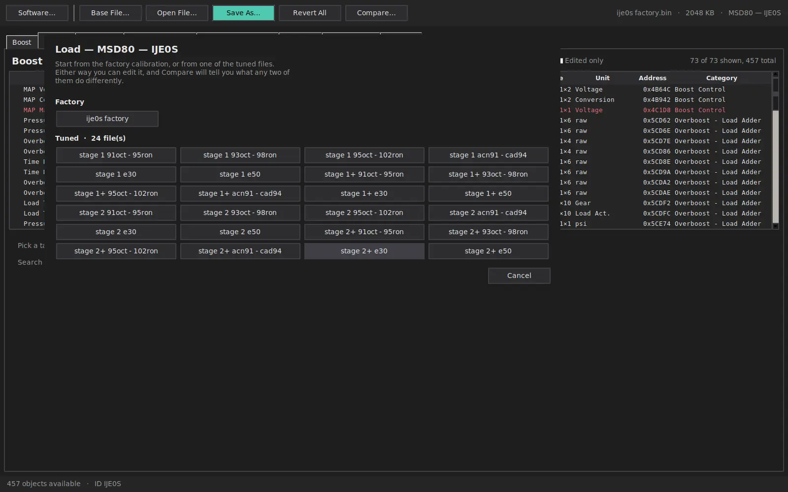 File picker showing the factory calibration and the tuned files