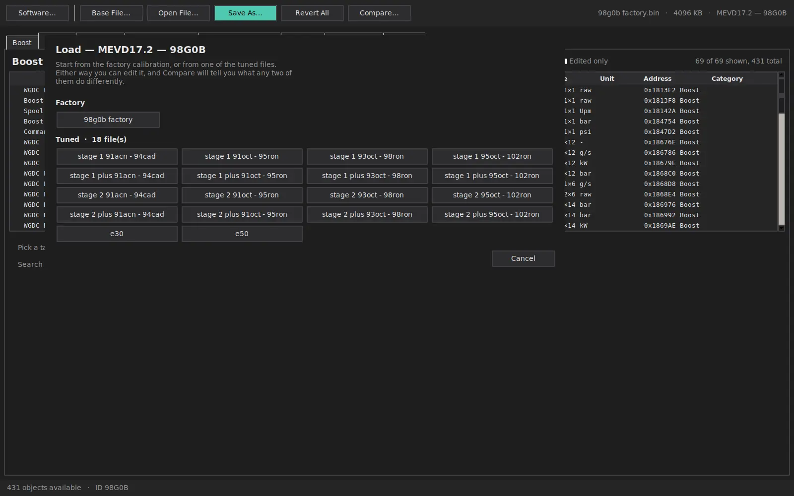 File picker showing the factory calibration and the tuned files