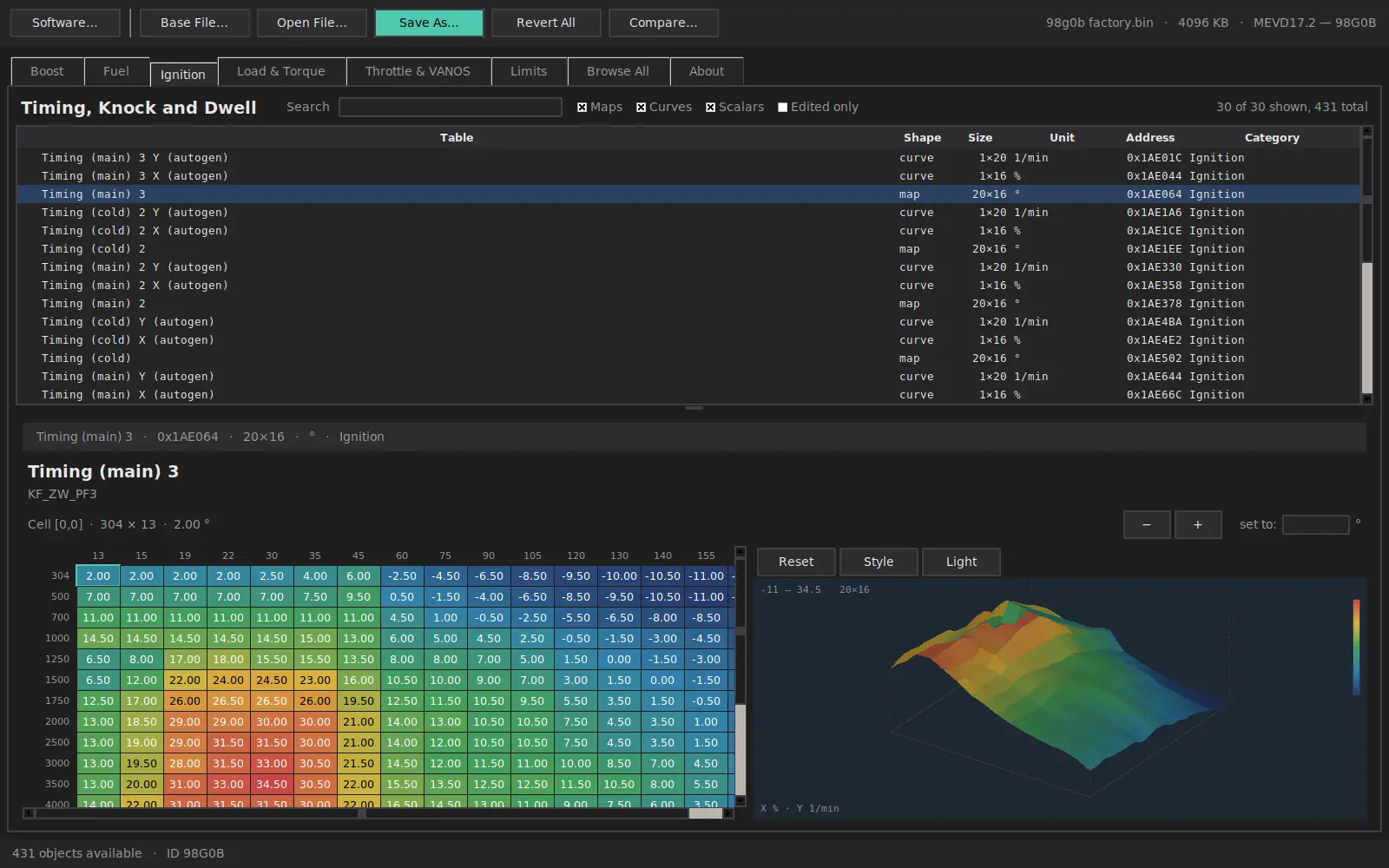 Ignition timing map open in the editor