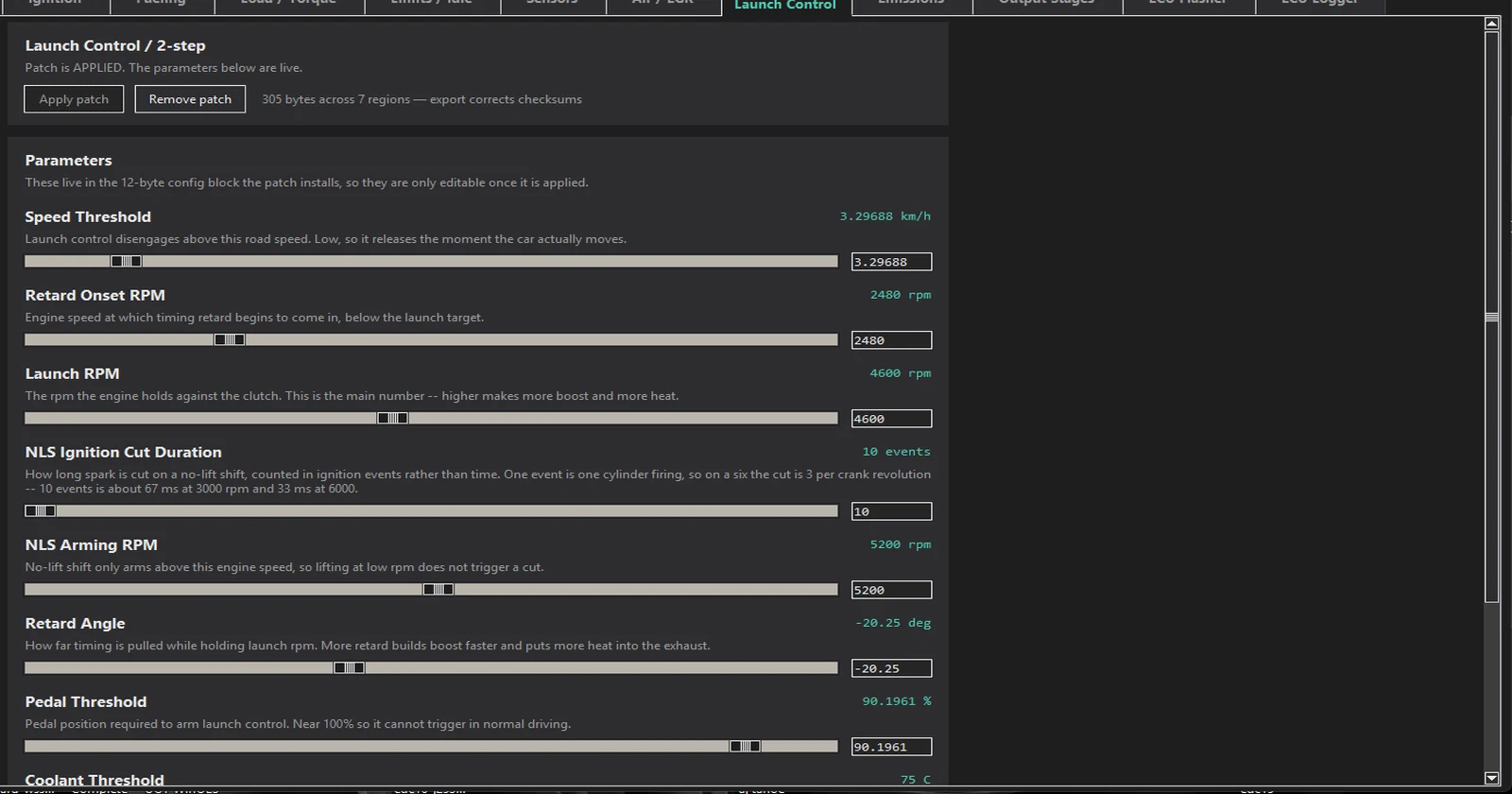 The Launch Control page showing the patch applied, with sliders for speed threshold, retard onset rpm, launch rpm, cut duration, arming rpm, retard angle, pedal threshold and coolant threshold.