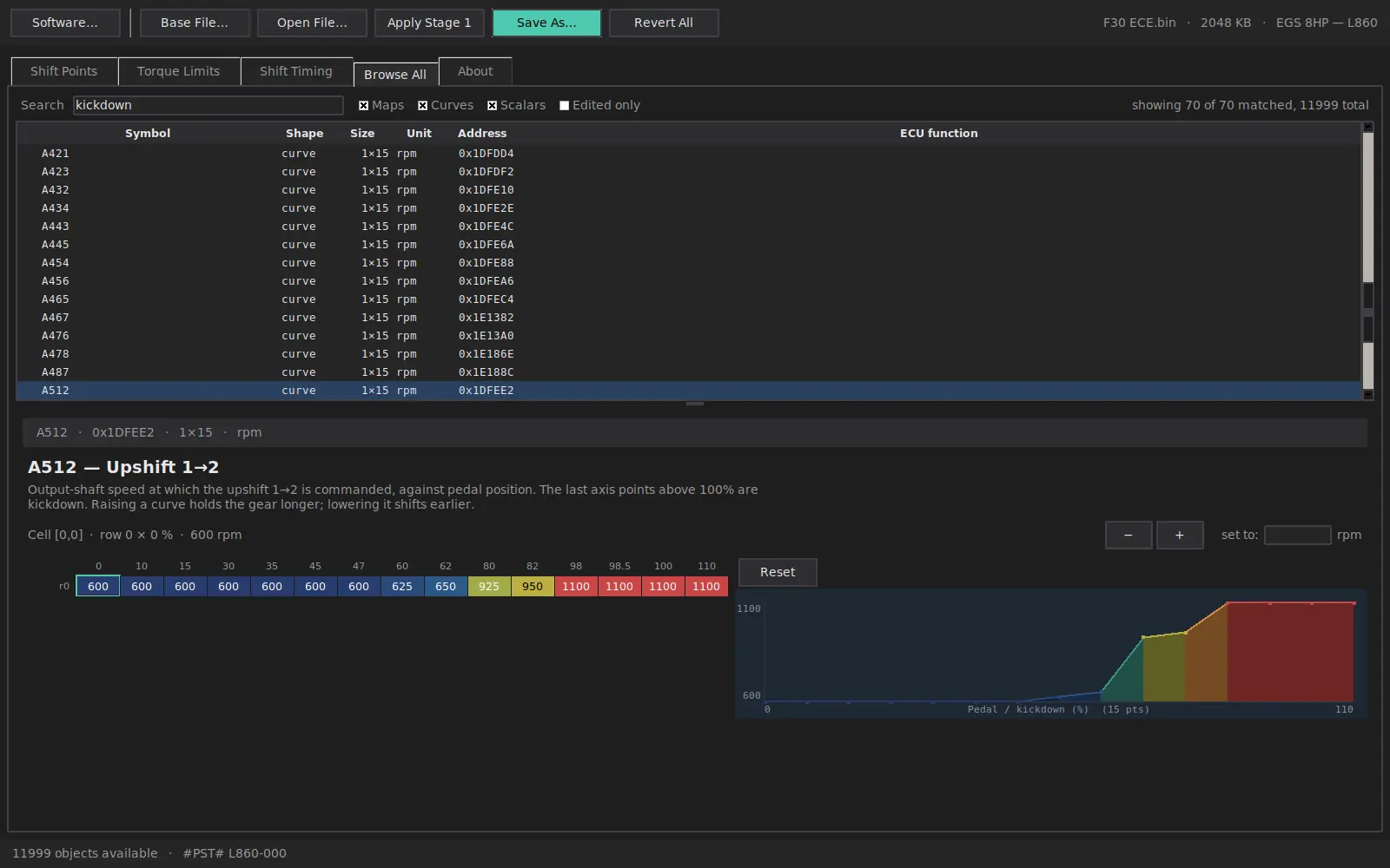 Browse tab searching kickdown with a shift curve open below